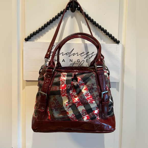 BURBERRY Burgundy Patent Beat Nova Check Floral Satchel Bag Purse HOST PICK - Picture 1 of 15